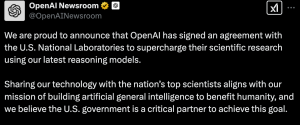 OpenAI 宣布将携手美国国家实验室共同利用 OpenAI 最新的推理模型,加速科学研究的重大突破