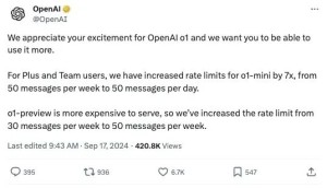 OpenAI 提高了 o1(50次/周)和 o1-mini(50次/天)的次数限制！
